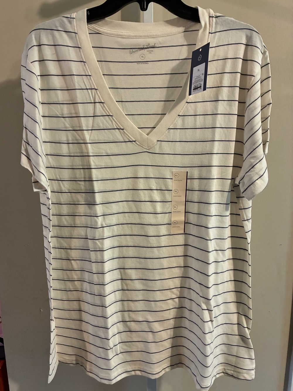 White V-Neck Short Sleeve Tee with Gray Stripes